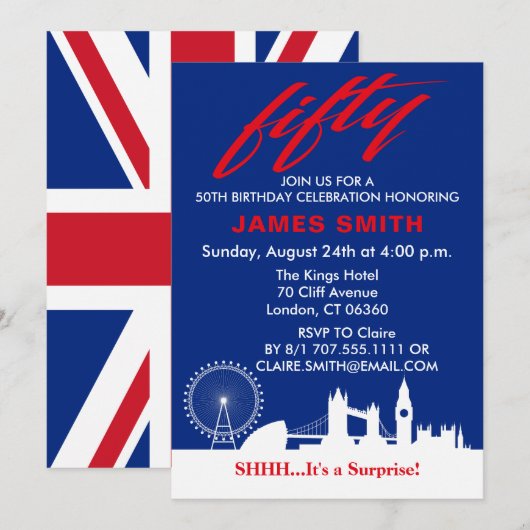 Engels thema 50ste verjaardagsfeest kaart (Voorkant / Achterkant)