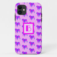 Engelse buldog schattig roze blauw silhouet monogr