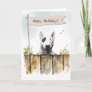 Engelse Bull Terrier hond onder verjaardagsbord Kaart