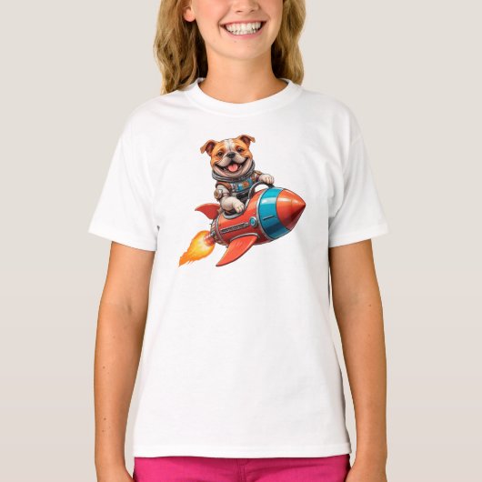 Engelse Bulldog Astronaut Rocket Ride - Retro Spac T-shirt (Voorkant)