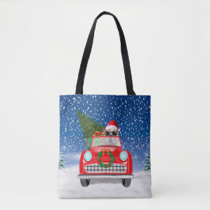 Engelse Bulldog Bestuurt Auto In Sneeuw Kerstmis  Draagtas