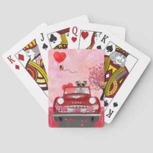 Engelse Bulldog Bestuurt Auto met Hartjes Valentij Pokerkaarten