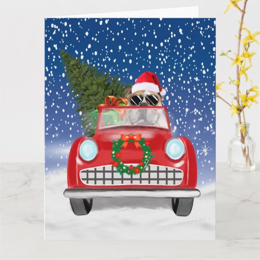 Engelse Bulldog Die Auto Bestuurt In Sneeuw Kerstm Kaart (Gele Bloem)