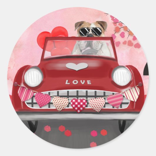 Engelse Bulldog Driving Car with Hearts Valentijn" Ronde Sticker (Voorkant)
