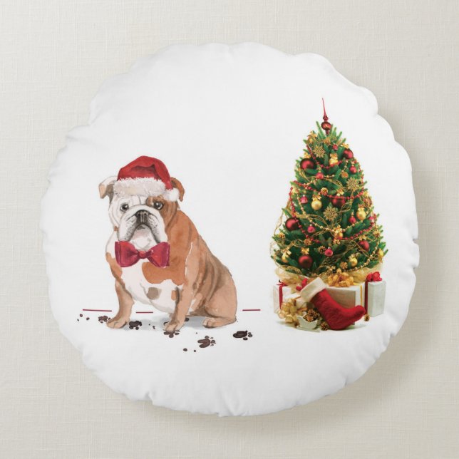 Engelse Bulldog Funny kersthond met boom Rond Kussen (Voorkant)