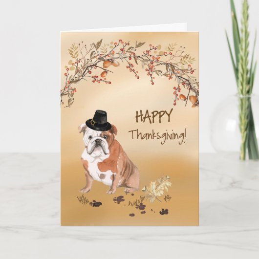 Engelse Bulldog Funny Pilgrim Pet Thanksgiving Kaart (Voorkant)