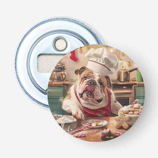 Engelse Bulldog Holiday Baking: Feestelijke Kerst Button Flesopener (Voorkant)