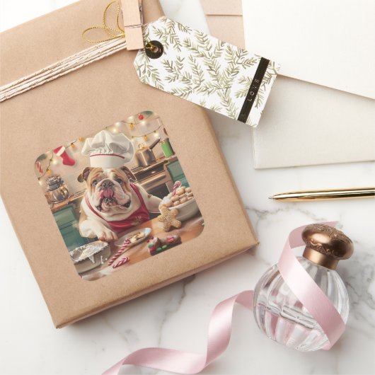 Engelse Bulldog Holiday Baking: Feestelijke Kerst Vierkante Sticker (Geschenken)