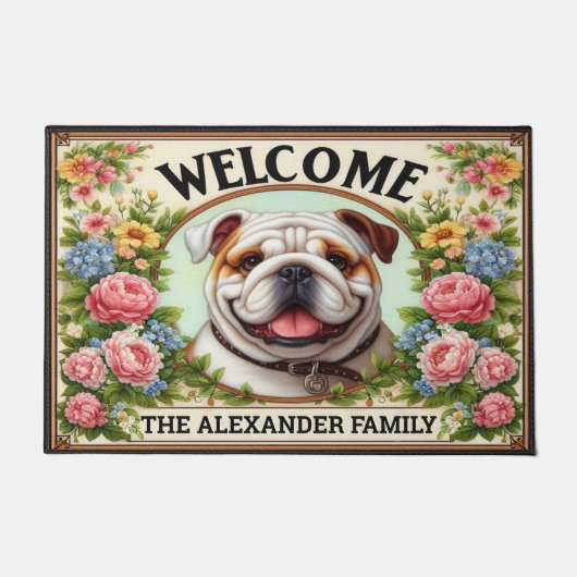 Engelse Bulldog Home Sweet, Floral ingelijst Welko Deurmat (Voorkant)