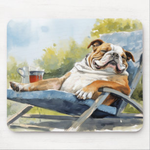Engelse Bulldog hond ontspannen in tuin dierenplez Muismat