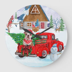 Engelse Bulldog In Kerstbezorgingswagen Sneeuw Grote Klok