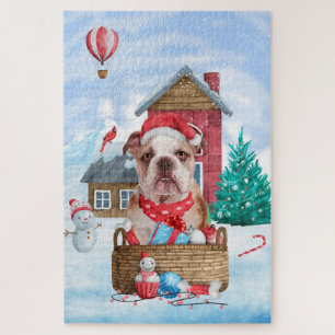 Engelse Bulldog In sneeuw Kerstmis Hondenhok Legpuzzel