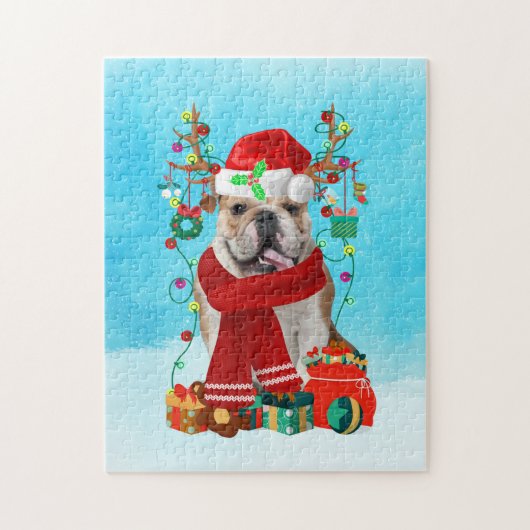 Engelse Bulldog in sneeuw met kerstcadeaus Legpuzzel (Verticaal)