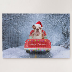Engelse Bulldog in Snow, die met Kerstmis rondloop Legpuzzel