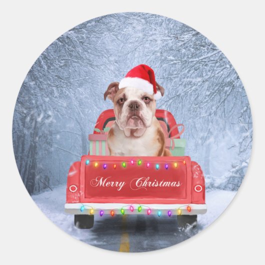 Engelse Bulldog in Snow, die met Kerstmis rondloop Ronde Sticker (Voorkant)