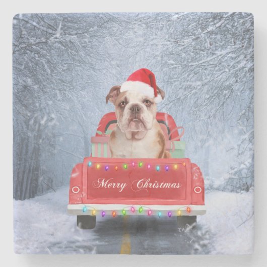 Engelse Bulldog in Snow, die met Kerstmis rondloop Stenen Onderzetter (Voorkant)