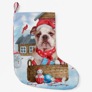 Engelse Bulldog in snow-kersthondenhuis Kleine Kerstsok