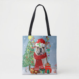 Engelse Bulldog in Snow met kerstcadeaus Draagtas