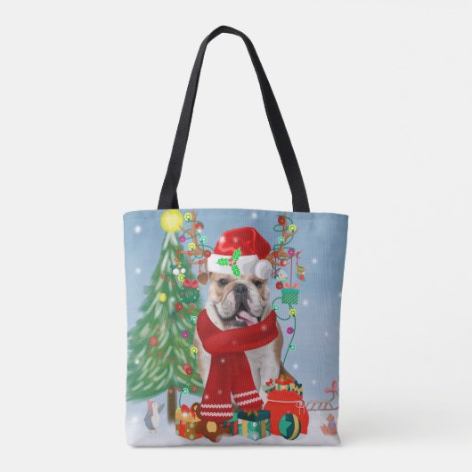 Engelse Bulldog in Snow met kerstcadeaus Draagtas (Achterkant)