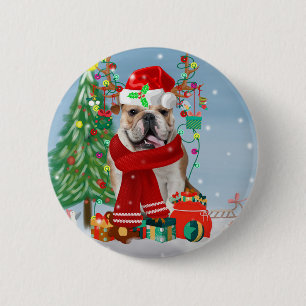 Engelse Bulldog in Snow met kerstcadeaus Ronde Button 5,7 Cm