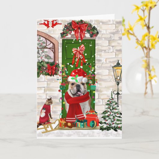 Engelse Bulldog Kerstmis Kaart (Gele Bloem)