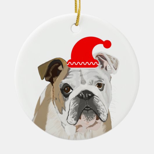 Engelse Bulldog Met een rode kersthat Keramisch Ornament (Voorkant)