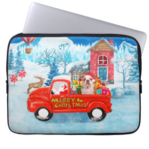 Engelse Bulldog met kerstcadeau Truck Snow Laptop Sleeve