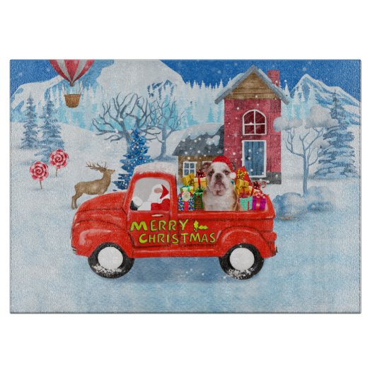 Engelse Bulldog met kerstcadeau Truck Snow Snijplank (Voorkant)