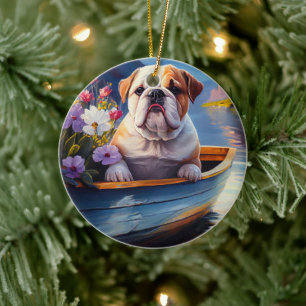 Engelse Bulldog op een peddel: een Schilderachtig  Keramisch Ornament