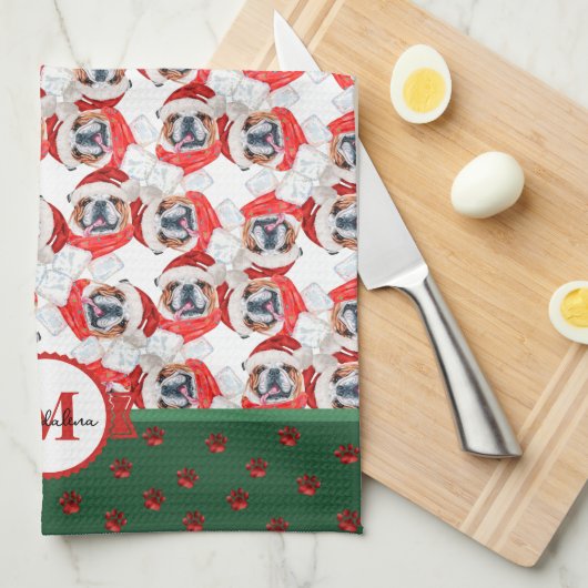 Engelse Bulldog Pattern Monogram kersthond Theedoek (Quarter Fold)