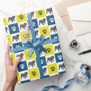 Engelse Bulldog & Paw Silhouet Yellow&Blue Grid Cadeaupapier