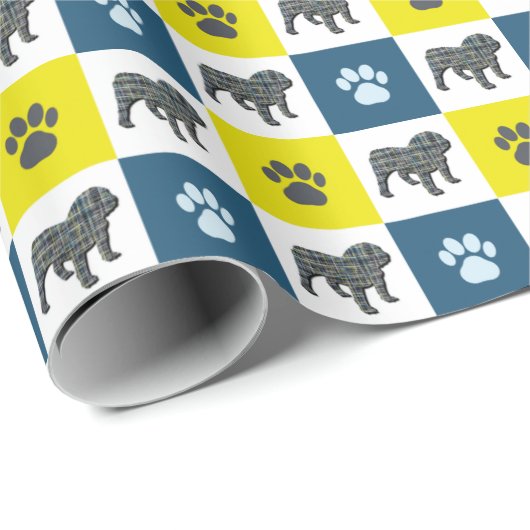 Engelse Bulldog & Paw Silhouet Yellow&Blue Grid Cadeaupapier (Rol Hoek)