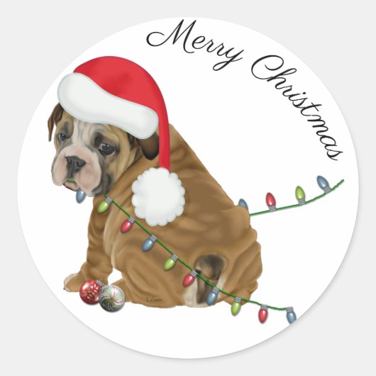 Engelse Bulldog Puppy Kerstmis Ronde Sticker (Voorkant)