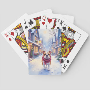 Engelse Bulldog Sneeuw Kerstmis Dorp Vakantie Pokerkaarten