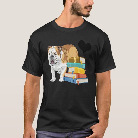 Engelse Bulldog Stack of Books Book Dog Owner T-shirt (Voorkant)