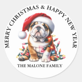 Engelse Bulldog uitgedost in een kerstmuts Ronde Sticker