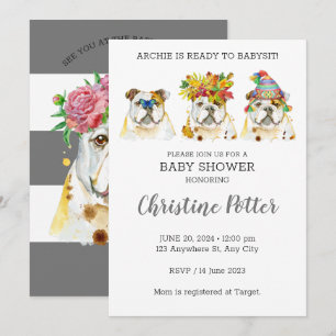 Engelse Bulldog Waterverf Baby shower Invitation Kaart