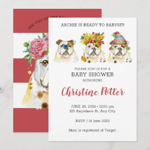 Engelse Bulldog Waterverf Baby shower Invitation Kaart