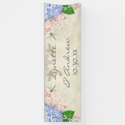 Engelse Garden Blue Hydrangea Dragonfly Waterverf Spandoek (Verticaal)