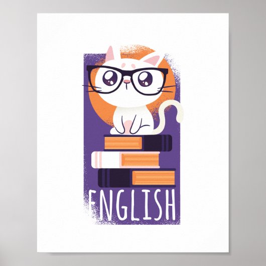 ENGELSE LEREN - Cute Kawaii Cat Paars Poster (Voorkant)