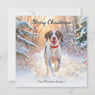 Engelse Pointer Hond Wandelt In Sneeuw Kerstmis Feestdagenkaart
