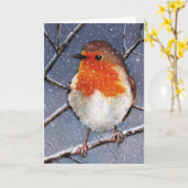 ENGELSE ROBIN IN SNEE: OIL PASTEL ART KAART (Gele Bloem)