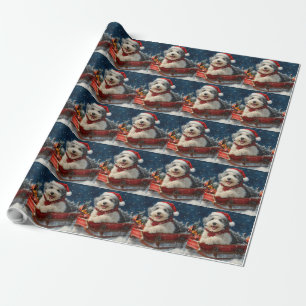 Engelse Schaapshond in slee Laat het sneeuwen Kers Cadeaupapier