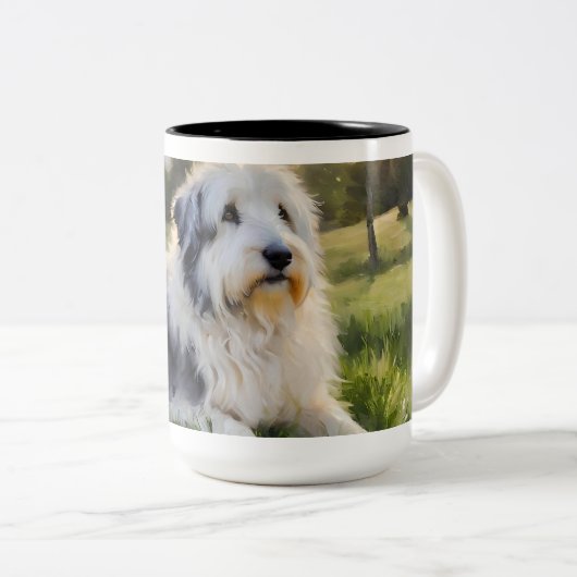 ENGELSE SCHAPENHOND LIGGEND IN HET VELD TWEEKLEURIGE KOFFIEMOK (Voorkant rechts)