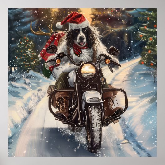 Engelse Setter Dog Riding Motorcycle Kerstmis Poster (Voorkant)