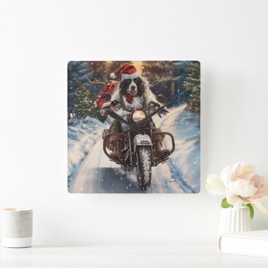 Engelse Setter Dog Riding Motorcycle Kerstmis Vierkante Klok (Huis)
