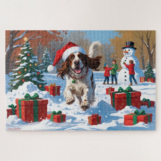 Engelse Setter Hardlopen in Sneeuw met Kerst Pet Legpuzzel (Horizontaal)