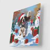 Engelse Setter Hardlopen in Sneeuw met Kerst Pet Vierkante Klok (Hoek)