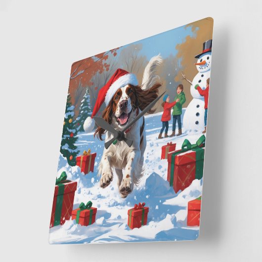 Engelse Setter Hardlopen in Sneeuw met Kerst Pet Vierkante Klok (Hoek)