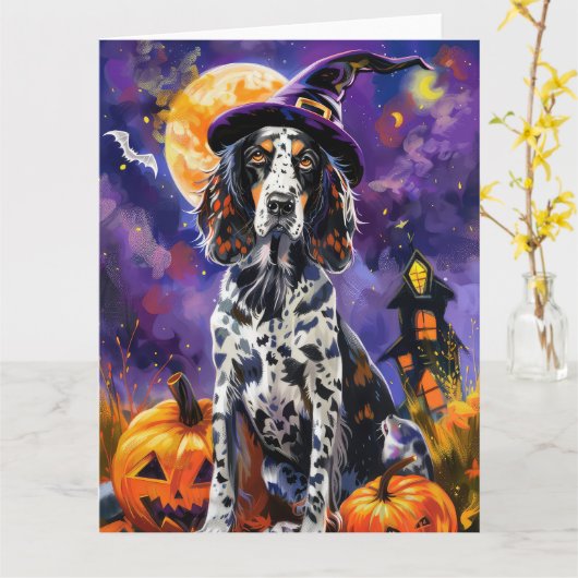Engelse Setter hond Halloween heks en pompoen Kaart (Gele Bloem)